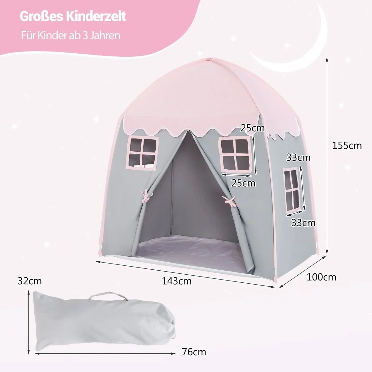 Kinderzelt Großes Prinzessinnenzelt Mit Tragetasche Anti-Rutsch-Matte Reißverschluss Rosa
