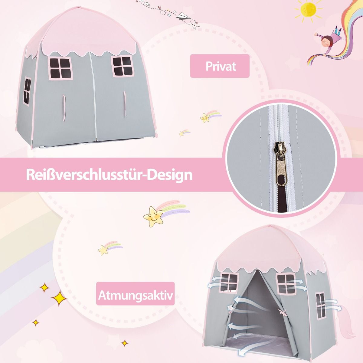 Kinderzelt Großes Prinzessinnenzelt Mit Tragetasche Anti-Rutsch-Matte Reißverschluss Rosa