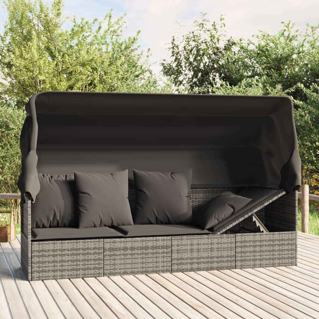 Outdoor Loungebett mit Dach und Kissen – PE-Rattan Gartenliege