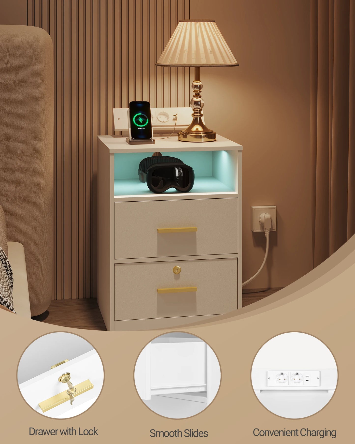 Nachttisch-Set mit LED & Ladestation