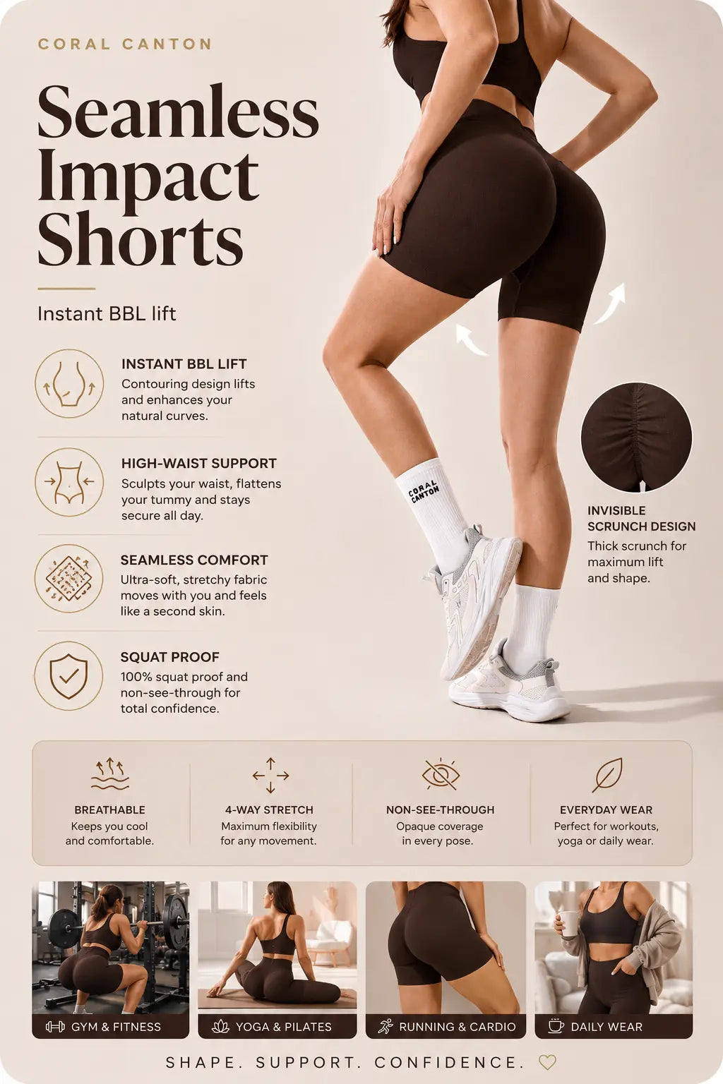 Coral Canton Sports Shorts High Waistband Butt Lifting Coral Canton